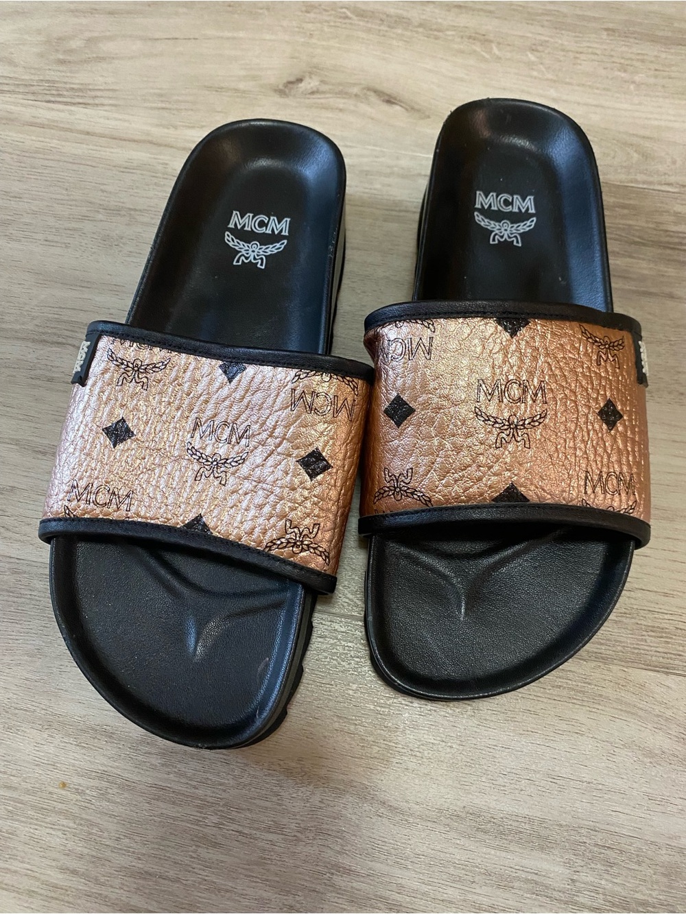 MCM Bronze Monogram Slide Sandals - worn once